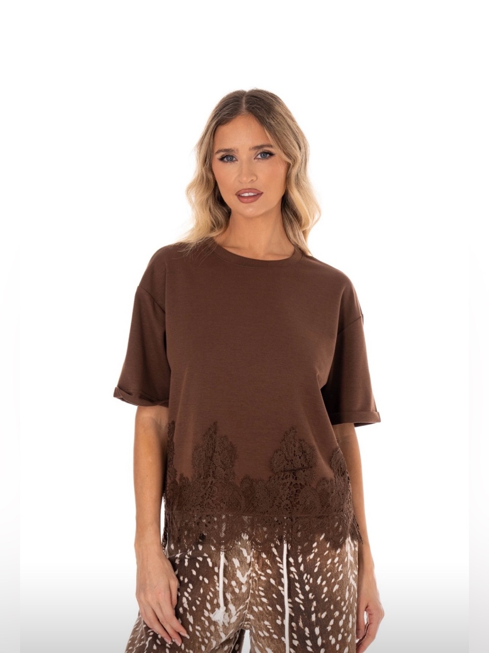 Mocha Luxe Lace Hem Oversized Tee